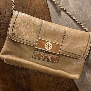 Tory Burch vintage dark beige, cross body clutch with chain and leather strap.
